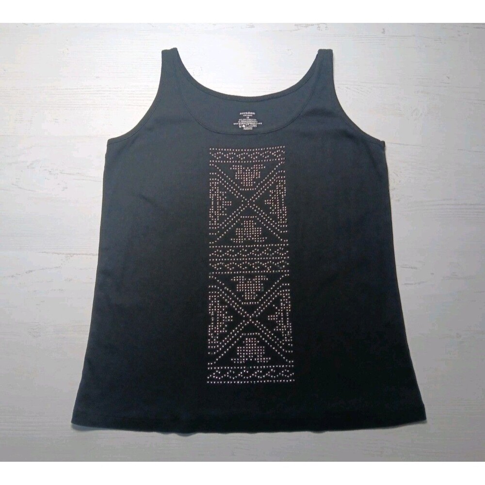 Peter Nygard Rhinestones Black Scoop Neck Stretch Tank Top Size 1X Geometric